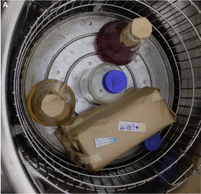 Autoclave and spacing - Items are positioned in the autoclave with enough space for the steam to pass through. Autoclave indicator tape and chemical indicators are used.