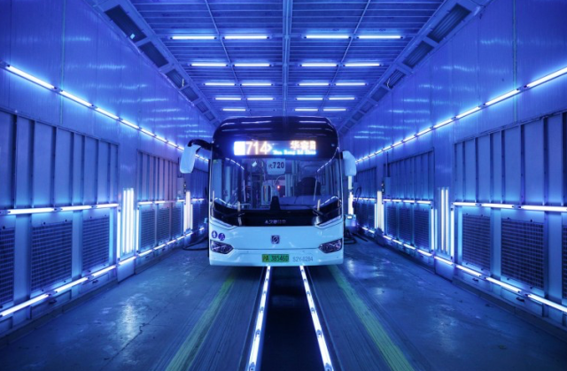 Disinfection of a bus using UVC lights - Disinfection of a bus using UVC lightsSource: AFP