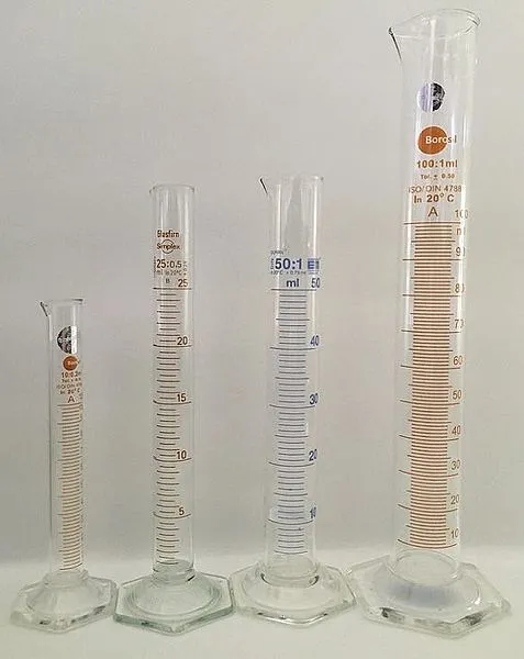 Graduated cylinder - Different sizes of graduated cylinder; from left to right 10 ml, 25 ml, 50 ml, 100 ml