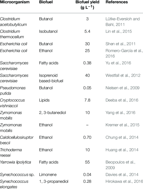 List of microorganisms involved in biofuel production - LIST OF MICROORGANISMS PRODUCING BIOFUELS OR THE PRECURSORS FOR BIOFUEL PRODUCTION