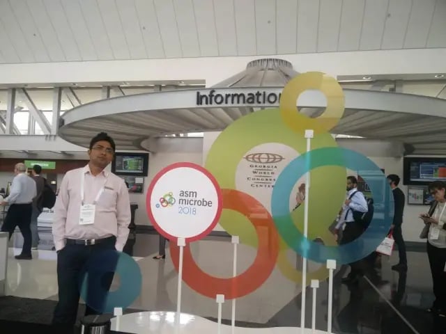 Tankeshwar Acharya at the stall of ASM Microbe 2018 - ASM Microbe 2018 stall