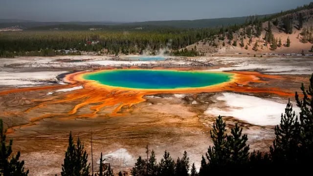 - Grand Prismatic Spring in Yellowstone Park, USA. The colours are due to microbial mats formed by thermophiles