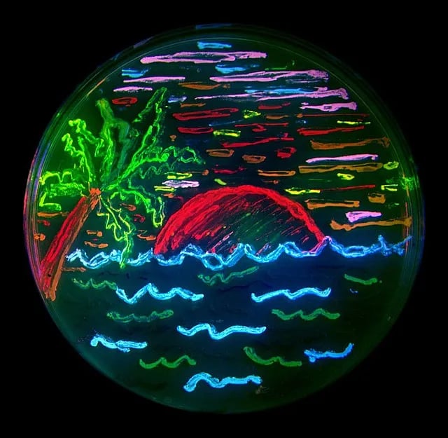 Microbes in art - A San Diego beach scene drawn with an eight color palette of bacterial colonies expressing fluorescent proteins derived from GFP and the red-fluorescent coral protein dsRed. The colors include BFP, mTFP1, Emerald, Citrine, mOrange, mApple, mCherry and mGrape. Artwork by Nathan Shaner, photography by Paul Steinbach, created in the lab of Roger Tsien in 2006.