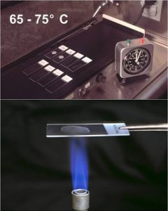 Fig. Heat Fixation of smear (Upper: using electric heater, lower: using burner) - Fig. Heat Fixation of smear (Upper: using electric heater, lower: using burner)